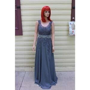 NEW CUSTOM SIZED JJ's HOUSE BEADED LACE CHIFFON BALLROOM GOWN DRESS STEEL GRAY